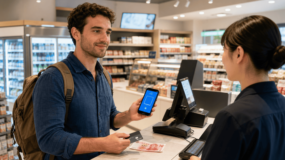 International traveler preparing to pay with Alipay at a shop in China