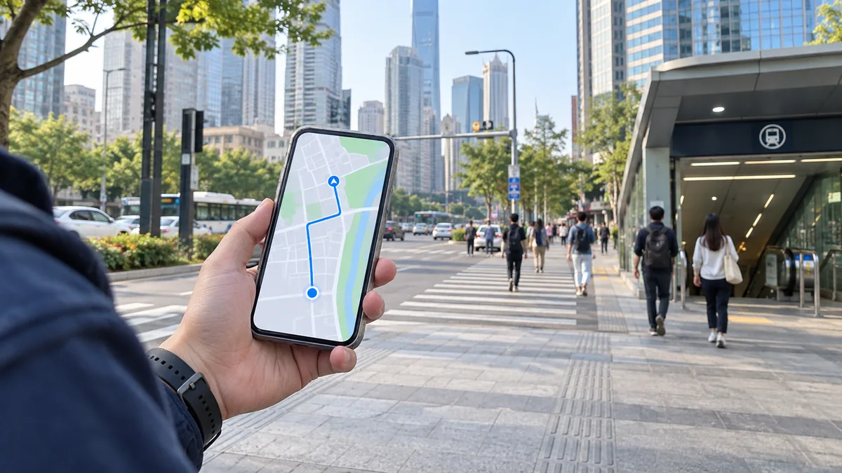 Traveler using a smartphone map for walking directions in a Chinese city
