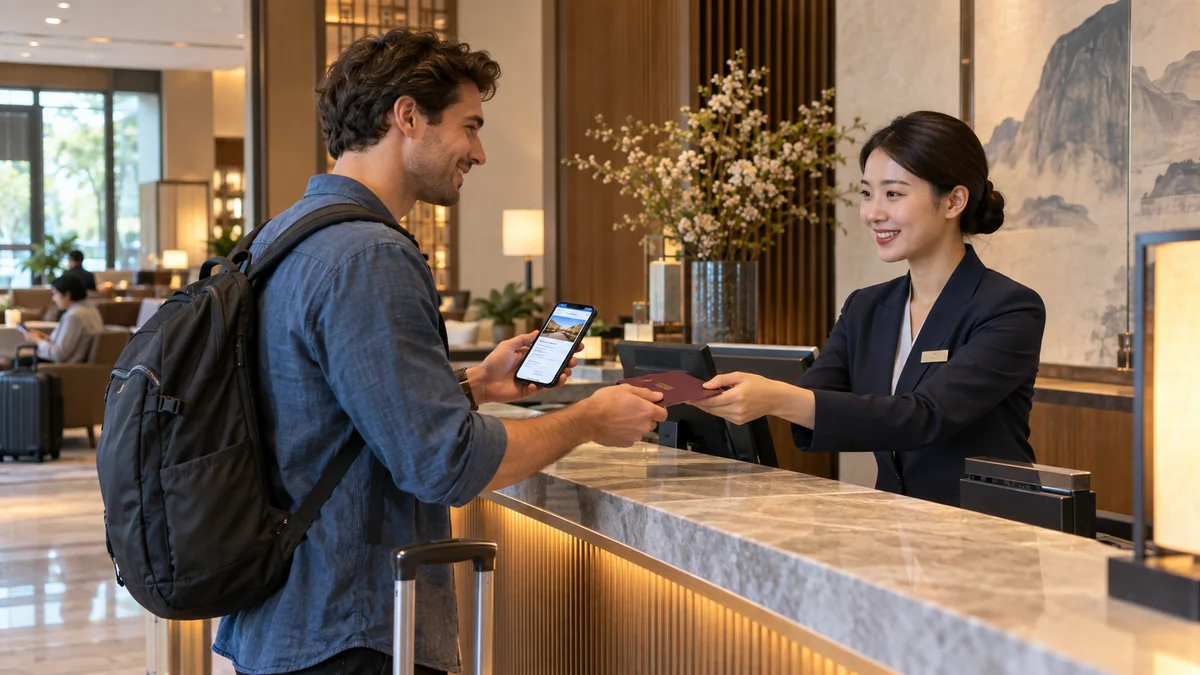 International traveler presenting a passport and booking confirmation at a hotel reception desk in China