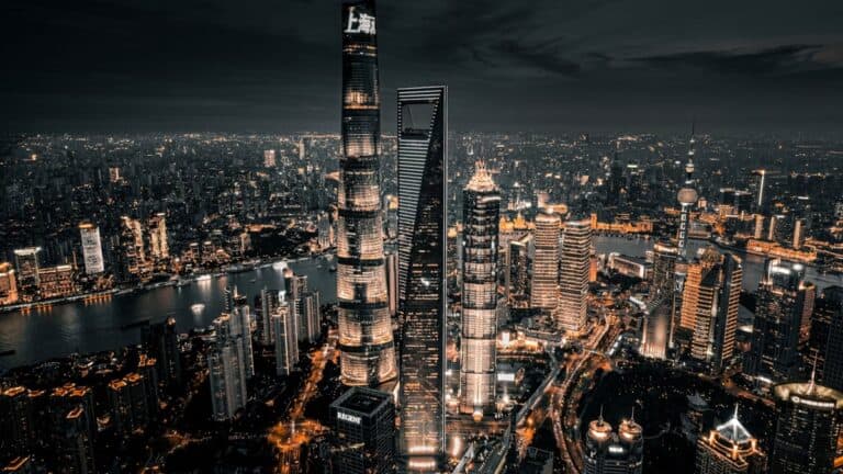 Lujiazui skyline and the Huangpu River in Shanghai at night