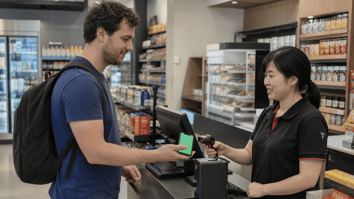 International traveler using WeChat Pay at a shop in China