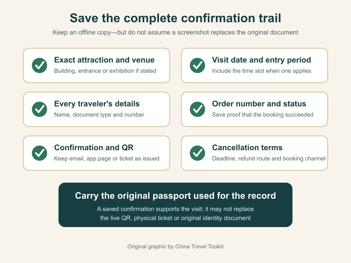 Offline checklist of attraction booking details to save before visiting