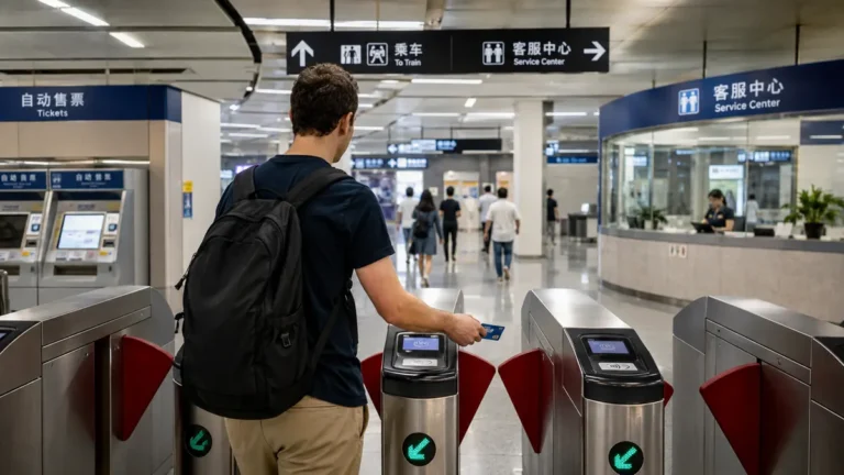 Foreign visitor tapping a contactless bank card at a metro gate in China