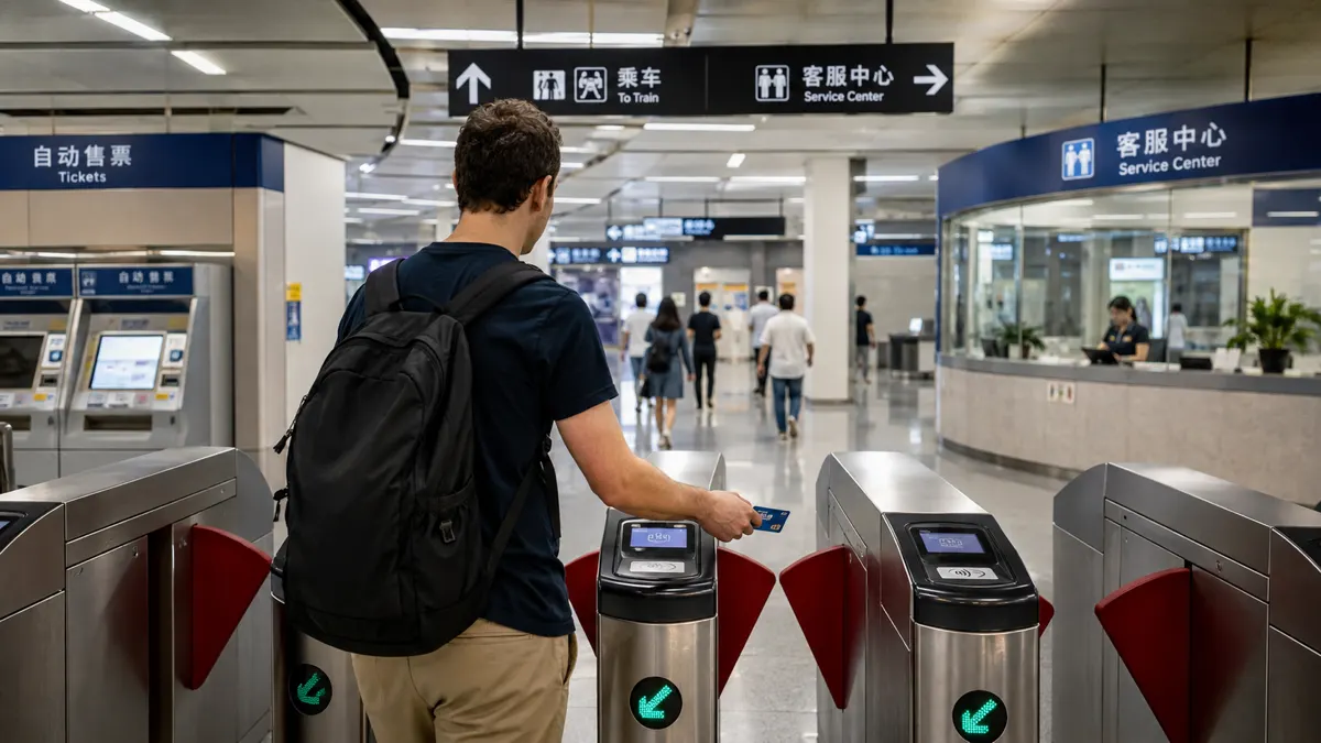 Foreign visitor tapping a contactless bank card at a metro gate in China