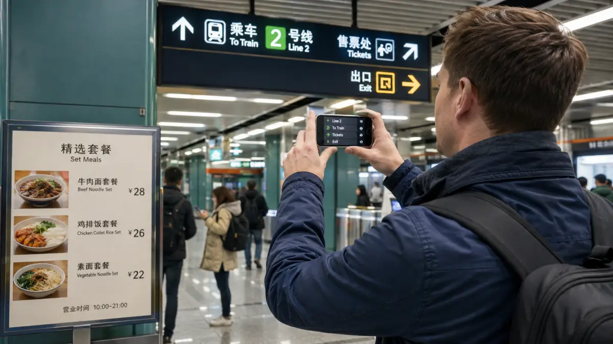 Traveler using a phone to understand Chinese metro signs and a menu in China